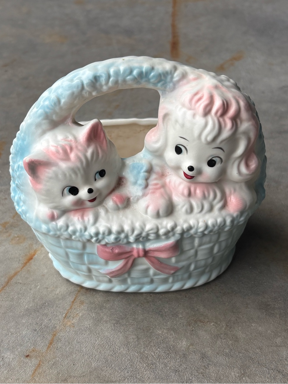 Vintage Inarco Japan Ceramic Poodle & Kitten Basket Planter Pastel Pink Blue